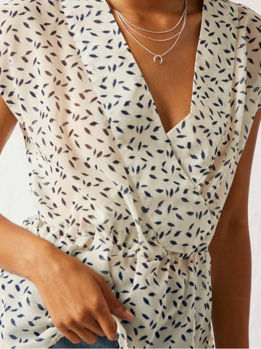 Ivory Wrap Peplum  Blouse with black Leaf Print small